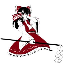  1girl ascot avian_zebra between_fingers black_hair bow commentary detached_sleeves frilled_bow frilled_hair_tubes frilled_skirt frills gohei hair_bow hair_tubes hakurei_reimu highres holding holding_gohei holding_ofuda long_hair looking_at_viewer ofuda ofuda_between_fingers red_bow red_eyes red_skirt ribbon-trimmed_sleeves ribbon_trim simple_background skirt skirt_set solo touhou white_background yellow_ascot 