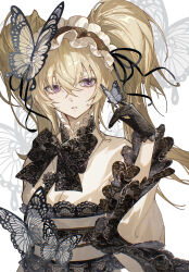  1girl absurdres black_bow black_bowtie black_gloves black_ribbon blonde_hair bow bowtie bug butterfly butterfly_on_hand chinese_commentary commentary_request crossed_bangs frilled_hairband frills gloves gothic_lolita hair_between_eyes hairband highres hoshina_utau japanese_clothes kimono kotatsu_kaya lace lace-trimmed_sash lace-trimmed_sleeves lace_bowtie lace_gloves lace_trim lolita_fashion lolita_hairband long_hair parted_lips ribbon sash shugo_chara! solo twintails upper_body violet_eyes wa_lolita wide_sleeves 
