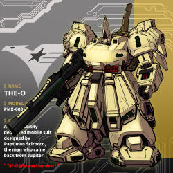  beam_rifle cable character_name commentary dtcy energy_gun english_text gundam holding holding_weapon logo mecha mecha_focus mobile_suit no_humans one-eyed_mecha robot science_fiction solo stats the_o_(mobile_suit) thrusters titans_(gundam) vernier_thrusters weapon zeta_gundam zeta_gundam_define 