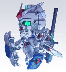 back beam_rifle character_name chibi commentary_request energy_gun from_behind full_body glowing glowing_eyes green_eyes gundam gundam_0083 gundam_gp-03_stamen highres mecha mobile_suit no_humans robot sd_gundam shield susagane thrusters v-fin weapon 
