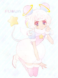 1girl :3 blue_eyes bubble_skirt commentary_request full_body fuwa_(precure) nene_(oneoneo13) pink_thighhighs precure puffy_short_sleeves puffy_sleeves see-through_clothes see-through_sleeves shoes short_hair short_sleeves simple_background skirt solo star_(symbol) star_in_eye star_twinkle_precure symbol_in_eye thigh-highs white_background white_hair wrist_cuffs 