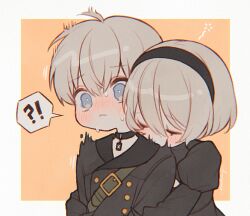  !? 1boy 1girl 2b_(nier:automata) 9s_(nier:automata) black_choker black_coat black_dress blue_eyes blush buttons choker closed_eyes closed_mouth coat commentary_request double-breasted dress embarrassed grey_hair hair_between_eyes hn_(artist) hug hug_from_behind long_sleeves medium_hair nier:automata nier_(series) orange_background puffy_sleeves simple_background speech_bubble sweat trembling two_side_up wavy_eyes white_background 