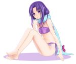  1girl barefoot bikini blush bow happinesscharge_precure! hikawa_iona long_hair marblewars precure purple_bikini purple_hair sad scarf solo swimsuit violet_eyes 