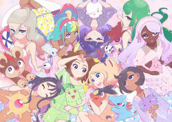  6+girls :d alternate_costume black_hair blue_eyes brown_hair can canari_(pokemon) chikorita cleffa closed_eyes closed_mouth collarbone commentary_request cup disposable_coffee_cup disposable_cup emma_(pokemon) espurr floette floette_(eternal) green_hair green_shirt green_shorts grin griselle_(pokemon) gwynn_(pokemon) hairband harmony_(pokemon) highres holding holding_pokemon jacinthe_(pokemon) lebanne_(pokemon) lida_(pokemon) litleo litwick long_hair lying multicolored_hair multiple_girls on_back on_stomach open_mouth pokemon pokemon_(creature) pokemon_legends:_z-a shirt shorts sidelocks sitting skrelp smile sparkle staryu taunie_(pokemon) teeth tepig totodile two-tone_hair tynamo yukari_(yukari21653710) 