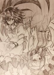  2girls absurdres arrow_print back_bow bow bowtie braid breasts closed_mouth commentary_request cone_horns cuffs dress efukei feathered_wings finger_to_mouth hair_between_eyes half_up_braid highres horns jacket kijin_seija kishin_sagume long_sleeves looking_at_viewer medium_breasts medium_hair multiple_girls open_clothes open_jacket puffy_short_sleeves puffy_sleeves shackles short_sleeves shushing single_wing small_horns touhou traditional_media upside-down wings 