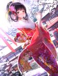  1girl alternate_hairstyle amagi_brilliant_park black_hair blush brown_eyes dutch_angle floral_print fur_trim hair_ornament hair_up highres japanese_clothes kanzashi kimono koborii_(amaburi) looking_at_viewer new_year omikuji shrine smile snow solo swordsouls tree 