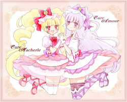  2girls aisaki_emiru black_thighhighs blonde_hair boots border bow bow-shaped_hair character_name clothing_cutout commentary_request cure_amour cure_macherie dress full_body hair_bow holding_hands hugtto!_precure knee_boots long_hair looking_at_viewer magical_girl multiple_girls nene_(oneoneo13) ornate_border outside_border precure puffy_short_sleeves puffy_sleeves purple_hair red_eyes ruru_amour short_sleeves shoulder_cutout simple_background smile thigh-highs thigh_boots three-quarter_sleeves twintails two_side_up very_long_hair white_background white_dress white_thighhighs 
