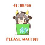  1girl =3 akagi_(kantai_collection) animal_costume animal_ears blush brown_hair bucket chibi cow_costume cow_ears cow_horns cow_tail earrings horns jewelry kantai_collection long_hair lowres rebecca_(keinelove) smile tail 