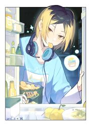  1boy absurdres apple black_hair blonde_hair blue_shirt bottle bowl chinese_commentary chips_(food) commentary_request dated food food_in_mouth from_inside fruit glass_bottle haikyuu!! hand_rest hand_up headphones headphones_around_neck highres holding indoors kozume_kenma layered_sleeves long_sleeves male_focus middle_part multicolored_hair night open_refrigerator potato_chips print_shirt refrigerator refrigerator_interior shirt short_over_long_sleeves short_sleeves signature solo sparkle speech_bubble thought_bubble two-tone_hair upper_body yellow_eyes yilansideless 