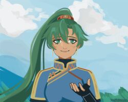  1girl animated animated_gif artist_name asymmetrical_bangs blue_dress china_dress chinese_clothes day dress earrings fingerless_gloves fire_emblem fire_emblem:_the_blazing_blade gloves green_eyes green_hair hand_up high_ponytail jewelry long_hair looking_at_viewer looping_animation lyn_(fire_emblem) outdoors ponytail sky smile solo undershirt very_long_hair wind yancadoodles 