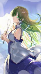  1girl absurdres breasts closed_mouth commentary_request detached_sleeves frog_hair_ornament from_side gohei green_eyes green_hair hair_ornament hair_tubes highres holding holding_gohei kochiya_sanae large_breasts long_hair looking_at_viewer purple_skirt qing_yu_susurr single_hair_tube skirt smile snake_hair_ornament solo touhou very_long_hair 