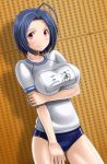  1girl ahoge alternate_costume blue_hair blush breast_hold breasts buruma cowboy_shot gym_uniform idolmaster looking_at_viewer miura_azusa muhi11234 name_tag pink_eyes shadow short_hair short_sleeves solo t-shirt 