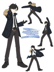  a.i.m.s._shotriser aiming animification arm_up belt belt_buckle black_coat black_gloves black_hair black_necktie black_pants black_shoes blue_eyes bright_pupils brown_belt buckle buttons clenched_hand closed_mouth coat collared_shirt floating_clothes fur_trim fuwa_isamu gloves highres kamen_rider kamen_rider_01_(series) komato_(png_es) layered_clothes long_sleeves looking_at_viewer necktie outstretched_arm pants pocket shirt shoelaces shoes short_hair standing white_pupils white_shirt wing_collar 