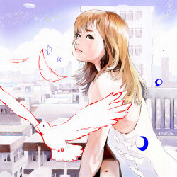  1girl absurdres aircraft bird blue_sky bug building city commentary_request dirigible dove dress falling_feathers feathers from_side highres kamata_hiroko ladybug li_(lithium0522) real_life signature sky skyscraper solo star_(symbol) upper_body white_dress 