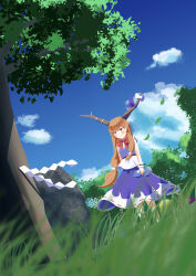  1girl absurdres blue_sky blush bow bowtie brown_horns closed_mouth clouds commentary_request day falling_leaves gasubanana gohei grass highres horn_ornament horn_ribbon horns ibuki_suika leaf long_hair oni orange_hair outdoors purple_skirt red_bow red_bowtie ribbon ribbon-trimmed_skirt ribbon_trim shirt skirt sky solo touhou tree very_long_hair white_shirt 