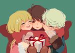  1girl 2boys aldnoah.zero asseylum_vers_allusia blonde_hair blush brown_hair gift kaizuka_inaho long_hair mittens multiple_boys open_mouth scarf shared_scarf short_hair slaine_troyard smile winter_clothes 