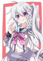  >:) 1girl 9-nine- absurdres ahoge arm_at_side belt blush bow bowtie braid breasts closed_mouth commentary commission cowboy_shot dress eyes_visible_through_hair green_ribbon grey_belt grey_hair hair_between_eyes hair_ribbon hakusen_academy_school_uniform hand_up heart highres inset_border licking_lips long_hair long_sleeves looking_at_viewer medium_breasts mikadzuki_(mika114514jp) niimi_sora pink_bow pink_bowtie ribbon school_uniform side_ponytail sidelocks simple_background single_braid sleeves_past_wrists smile smug solo split_mouth tongue tongue_out v v-shaped_eyebrows very_long_hair violet_eyes white_background white_dress 