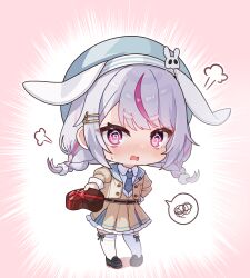  1girl animal_ears beret black_shoes blue_necktie blue_sailor_collar box braid chibi chibi_only closed_mouth commentary_request dress embarrassed fake_animal_ears flying_sweatdrops frilled_dress frills grey_hat hair_ornament hairclip hat heart-shaped_box highres holding holding_box incoming_gift kiwipodo loafers long_hair looking_at_viewer low_twin_braids multicolored_hair necktie open_mouth parallel_hairclips pink_eyes pink_streaks pom_pom_(clothes) pom_pom_hair_ornament rabbit_ears sailor_collar shoes sidelocks solo spoken_squiggle squiggle streaked_hair thigh-highs tosaki_mimi tosaki_mimi_(5th_costume) twin_braids valentine virtual_youtuber vspo! white_hair white_thighhighs yellow_dress 