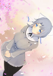  1girl absurdres amatukaze2000 belt belt_buckle black_pantyhose black_ribbon blue_eyes blush bow branch breasts buckle buttons center_frills cherry_blossoms closed_mouth commentary_request double-breasted falling_petals flower frills gessen_academy_school_uniform grey_belt grey_hair grey_jacket grey_skirt hair_bow highres jacket large_breasts long_sleeves looking_at_viewer medium_hair neck_ribbon outdoors pantyhose petals petticoat pink_flower pink_petals ribbon school_emblem school_uniform senran_kagura senran_kagura_shinovi_versus shirt skirt smile solo striped_bow tree white_bow white_shirt yumi_(senran_kagura) 