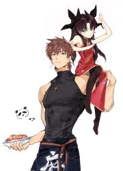  1boy 1girl black_ribbon black_thighhighs blue_eyes blush_stickers bowl brown_eyes brown_hair carrying china_dress chinese_clothes cross cross_necklace dress fate/zero fate_(series) hair_ribbon highres holding holding_bowl humumi2306661 jewelry kotomine_kirei kotomine_kirei_(fate/zero) looking_at_viewer necklace red_dress ribbon shoulder_carry simple_background sleeveless spoon thigh-highs tohsaka_rin tohsaka_rin_(fate/zero) utensil_in_mouth white_background 