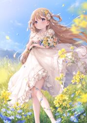  1girl artist_name blue_eyes blue_flower blue_sky blush bouquet breasts brown_hair clouds commentary criss-cross_halter day dress falling_petals feet_out_of_frame floating_clothes floating_hair flower flower_on_leg grass hair_flower hair_ornament hair_rings halterneck highres holding holding_bouquet knees_together_feet_apart lens_flare long_hair looking_at_viewer m_ydayo medium_dress mountainous_horizon neck_ribbon original outdoors parted_lips petals petticoat puffy_short_sleeves puffy_sleeves ribbon short_sleeves sky small_breasts solo standing sunlight untranslatable_commentary very_long_hair white_dress white_flower white_ribbon wind yellow_flower yellow_petals 