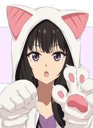 1girl animal_hands animal_hood black_hair cat_hood cat_paws commentary_request fang gloves highres hood hoodie inoue_takina long_hair looking_at_viewer lycoris_recoil open_mouth paw_gloves paw_pose portrait purple_shirt shirt skin_fang solo thundradrawings violet_eyes white_gloves white_hoodie yellow_background 