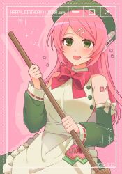  1girl 2024 apron bare_shoulders bow bowtie character_name collared_dress commentary_request dated detached_sleeves dress eyes_visible_through_hair green_dress green_hat green_sleeves hair_ornament hairpin hat highres holding karato_ge long_hair maid_apron momone_momo open_mouth pink_background pink_bow pink_bowtie pink_hair robot_ears shoulder_tattoo sleeveless sleeveless_dress solo swept_bangs tattoo utau 