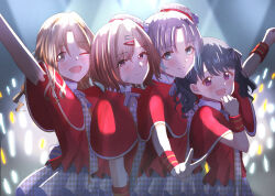  4girls aqua_hair asakura_toru black_hair blonde_hair blush brown_hair capelet commentary_request concert fukumaru_koito glowstick gradient_hair hat highres higuchi_madoka ichikawa_hinana idol idolmaster idolmaster_shiny_colors kimony looking_at_viewer looking_to_the_side mini_hat multicolored_hair multiple_girls noctchill_(idolmaster) one_eye_closed outstretched_arm patterned_clothing penlight_(glowstick) red_capelet revision smile spotlight v wristband 