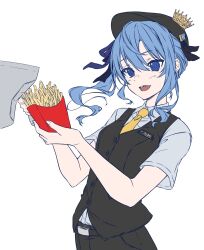  1girl :d alternate_costume asagi501 belt black_belt black_hat black_pants black_vest blue_eyes blue_hair blue_ribbon breasts collared_shirt copyright_logo crown flat_color food french_fries hair_between_eyes hair_ribbon hands_up hat highres holding holding_food hololive hoshimachi_suisei logo medium_hair necktie open_mouth pants plaque ribbon shirt short_sleeves sidelocks simple_background small_breasts smile solo star_(symbol) star_in_eye symbol_in_eye upper_body vest virtual_youtuber white_background white_shirt wing_collar yellow_necktie 