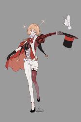  1girl bird black_gloves black_shoes blonde_hair cape closed_eyes commentary_request don_quixote_(project_moon) dove gloves grey_background hat highres jester juliet_sleeves limbus_company long_sleeves magician mangsug12_40 open_mouth pants project_moon puffy_sleeves red_cape shoes short_hair simple_background smile solo sparkle top_hat white_pants 