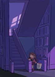  1girl braid brown_hair closed_eyes commentary highres indoors iovebly long_hair long_sleeves madotsuki pink_sweater pleated_skirt purple_background purple_skirt skirt solo stairs sweater twin_braids untranslatable_commentary walking wide_shot yume_nikki 