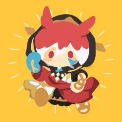  1boy animal_ears arm_up artist_name black_hood black_robe blush cat_boy cat_ears cat_tail commentary_request crystal_arm crystal_exarch facial_mark final_fantasy final_fantasy_xiv g'raha_tia hair_between_eyes hood hood_down jumping male_focus miqo'te multicolored_hair red_eyes red_hair rizu_(rizunm) robe short_hair short_sleeves simple_background smile solo streaked_hair tail white_streaks yellow_background 