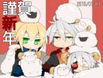  1girl 2015 2boys blazblue blonde_hair green_eyes heterochromia horns japanese_clothes jin_kisaragi multiple_boys nu-13 ragna_the_bloodedge sheep sheep_hat sheep_horns silver_hair uzukinoko 