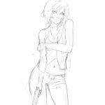  1girl animated animated_gif aya_brea bare_arms blonde_hair blue_eyes dithering holding_arm ilya_kuvshinov lips midriff monochrome navel parasite_eve short_hair simple_background sketch work_in_progress 