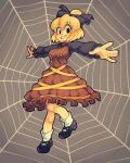  1girl :d black_footwear black_shoes blonde_hair brown_dress brown_eyes buttons dress frilled_sleeves frills full_body grey_background highres kurodani_yamame long_sleeves looking_at_viewer mary_janes nappooz open_mouth shoes short_hair silk smile socks solo spider_web touhou 