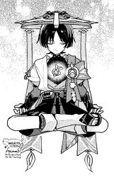  1boy armor arms_at_sides artist_name belt blunt_ends bodysuit bow bridal_gauntlets closed_eyes closed_mouth commentary_request core eyelashes facing_viewer feathers floating full_body furisode gem genshin_impact greyscale hat hinaszk japanese_armor japanese_clothes jingasa juban kimono kote layered_sleeves leg_warmers levitation lotus_position male_focus mandarin_collar monochrome open_clothes open_hands open_kimono parted_bangs pom_pom_(clothes) rope sandals sash scaramouche_(genshin_impact) short_sleeves shorts shoulder_peek side_cape solo toes vision_(genshin_impact) wanderer_(genshin_impact) watermark wispy_bangs zouri 