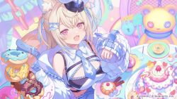  1girl :d animal_ears artist_request black_hat blonde_hair blue_necktie blue_streaks breasts collared_shirt commentary_request crossed_bangs dog_ears dog_girl dog_tail double-parted_bangs fuwawa_abyssgard hair_between_eyes hand_up hat highres hololive hololive_dreams hololive_english indoors jacket large_breasts long_hair looking_at_viewer mini_hat multicolored_hair necktie off_shoulder official_alternate_costume official_art open_mouth peaked_cap pink_eyes second-party_source shirt short_necktie sitting sleeveless sleeveless_shirt smile solo streaked_hair tail tilted_headwear two_side_up virtual_youtuber white_jacket white_shirt 