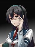  1girl adjusting_glasses black_background black_hair blue_eyes glasses gradient gradient_background hairband kantai_collection long_hair ooyodo_(kantai_collection) open_mouth school_uniform shaded_face solo uni8 