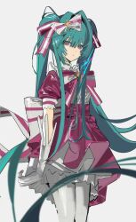  1girl aqua_hair back_bow bow bowtie commentary dress gloves hair_bow hatsune_miku highres ima_sugu_rinne_(vocaloid) long_hair magical_girl panties pink_bow pink_bowtie pink_dress pink_eyes puffy_short_sleeves puffy_sleeves short_sleeves simple_background solardark09 solo striped_bow striped_bowtie striped_clothes twintails two-tone_bow two-tone_bowtie underwear very_long_hair vocaloid white_background white_bow white_bowtie white_gloves white_panties 