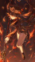  1girl absurdres black_hat black_shoes black_shorts brown_hair brown_shirt bug butterfly coattails commentary_request fire floating floating_hair flower flower-shaped_pupils full_body genshin_impact hair_between_eyes hat highres holding holding_polearm holding_weapon hu_tao_(genshin_impact) leg_up long_hair long_sleeves looking_at_viewer nail_polish plum_blossoms polearm porkpie_hat puranetto_(vjun4748) red_eyes shirt shoes shorts smile socks solo staff_of_homa_(genshin_impact) symbol-shaped_pupils tailcoat twintails weapon white_socks 
