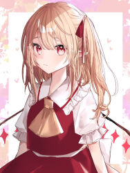  1girl ascot blonde_hair commentary_request crystal flandre_scarlet furawast hair_ribbon heart long_hair looking_at_viewer missing_headwear one_side_up pointy_ears red_eyes red_ribbon red_skirt red_vest ribbon shirt skirt solo touhou upper_body vest white_background white_shirt wings yellow_ascot 