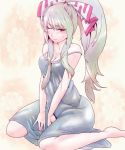  1girl alternate_costume alternate_hairstyle bare_shoulders breast_press breasts camisole fujiwara_no_mokou hands_on_legs long_hair looking_at_viewer one_eye_closed ponytail red_eyes sitting solo strap_slip touhou wariza white_hair 