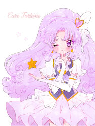  1girl bow character_name commentary_request cowboy_shot cure_fortune frills hair_bow hair_ornament happinesscharge_precure! heart heart_hair_ornament hikawa_iona long_hair magical_girl nene_(oneoneo13) one_eye_closed precure purple_hair purple_skirt simple_background skirt solo violet_eyes white_background 