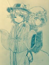  >:) 2girls ;) blush bow closed_mouth commentary_request efukei hair_between_eyes hair_bow hat hat_bow highres long_sleeves looking_at_viewer looking_back maribel_hearn mob_cap monochrome multiple_girls one-hour_drawing_challenge one_eye_closed ryokan sandals sidelocks sleeves_past_fingers sleeves_past_wrists smile sparkle touhou traditional_media usami_renko v-shaped_eyebrows wide_sleeves 