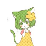  1girl animal_ears blush cat_ears cat_tail dress finger_to_chin flower green_eyes green_hair hair_flower hair_ornament lowres ntm39 nyan polka_dot roo-ko_(roo&amp;coo) roo_&amp;_coo short_hair simple_background solo tail white_background 