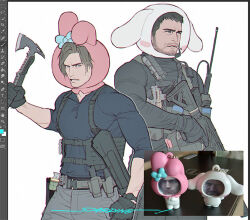  2boys art_program_in_frame artist_name axe beard beard_stubble black_gloves black_shirt blue_shirt brown_hair chris_redfield cigarette clenched_teeth cosplay cowboy_shot facial_hair furrowed_brow gloves grey_pants gun hatchet_(axe) headset holding holding_axe holding_gun holding_weapon male_focus multiple_boys my_melody my_melody_(cosplay) pants parted_lips pompompurin pompompurin_(cosplay) reference_inset resident_evil resident_evil_requiem resident_evil_village sanrio sardine_(kjr0313) shirt short_hair smoking stubble teeth trigger_discipline weapon 
