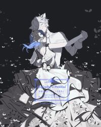  1boy 1girl absurdres adrien_agreste animal_ears bell blue_hair bodysuit cat_ears chat_blanc closed_eyes commentary dancing dress eye_mask flower gown hair_flower hair_ornament highres layered_dress marinette_dupain-cheng mask miraculous_ladybug neck_bell seio_(nao_miragggcc45) sleeveless sleeveless_dress watermark white_bodysuit white_dress white_flower 
