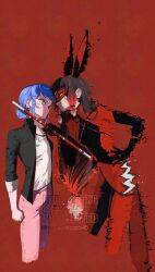  2girls animal_ears black_hair black_jacket blue_eyes bodysuit clenched_hand commentary earrings english_commentary eye_contact eye_mask fox_ears gradient_hair hand_on_own_hip highres hoaxer_(miraculous_ladybug) holding holding_staff jacket jewelry lila_rossi looking_at_another marinette_dupain-cheng mask miraculous_ladybug multicolored_hair multiple_girls pants pink_pants red_background red_bodysuit red_hair red_mask seio_(nao_miragggcc45) shirt smile staff twitter_username watermark white_hair white_shirt 