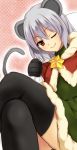  1girl animal_ears blush capelet grey_hair highres mouse_ears mouse_tail nazrin nnyara red_eyes short_hair simple_background smile solo tail touhou 