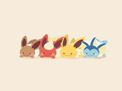  ._. artist_name blush_stickers commentary_request eevee flareon highres jolteon lying no_humans on_stomach pokemon pokemon_(creature) pokemon_focus rizu_(rizunm) simple_background vaporeon white_background 